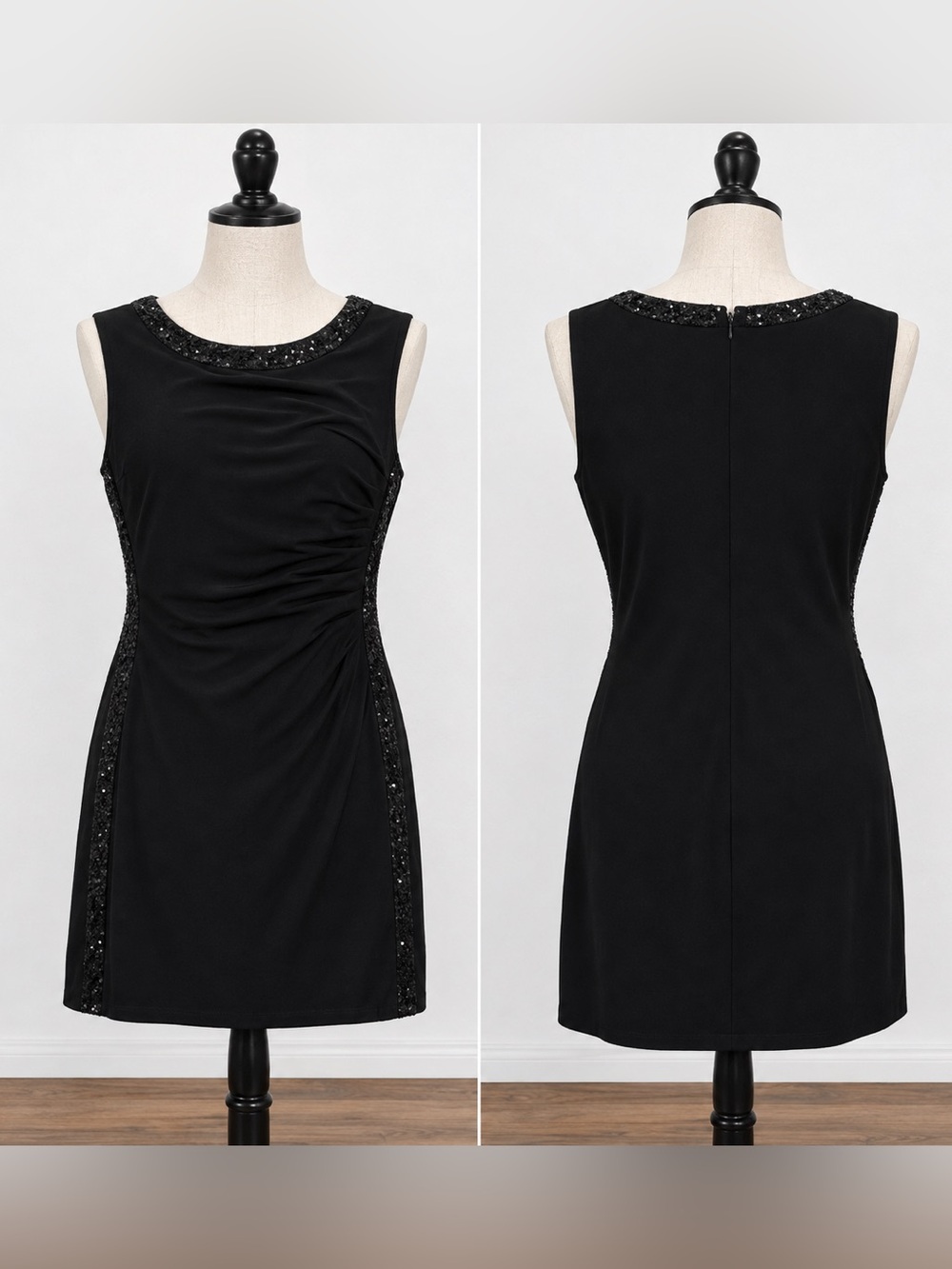 Chaps Black Sequin Tuxedo Stripe Ruched
Sheath Dress EUC Size XL